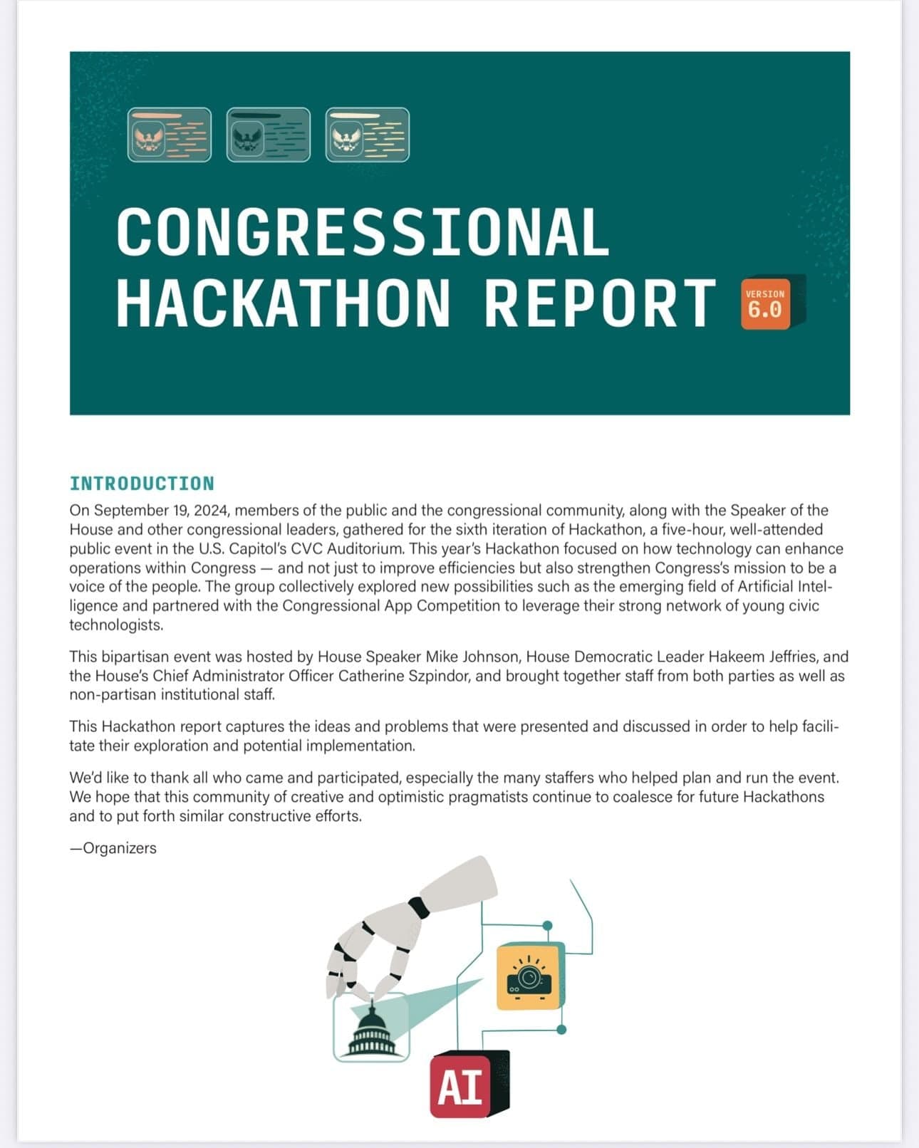The cover page and introduction of the official Congressional Hackathon Report
