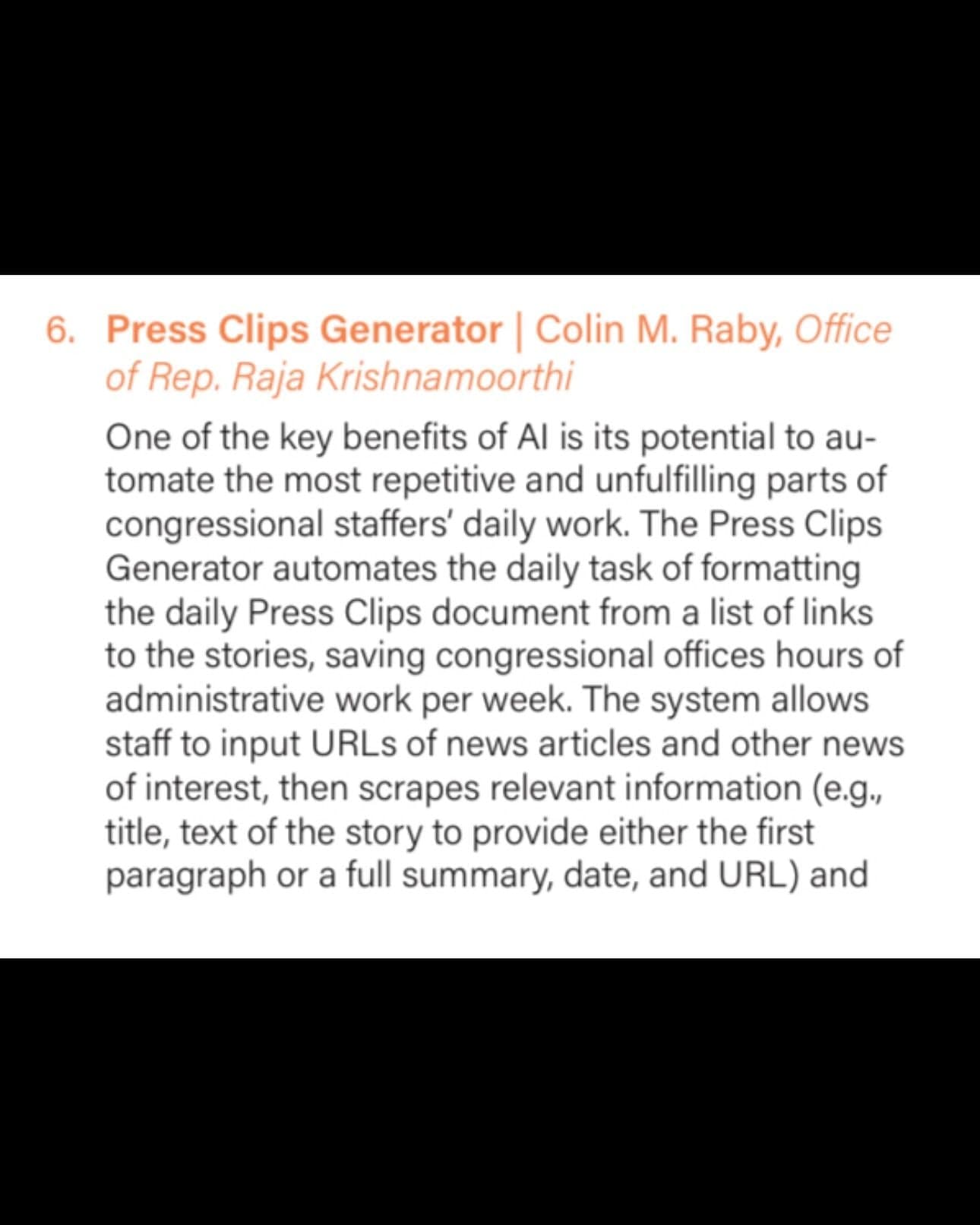 The Congressional Hackathon Report's entry for the Press Clips Generator by Colin M. Raby, Office of Rep. Raja Krishnamoorthi