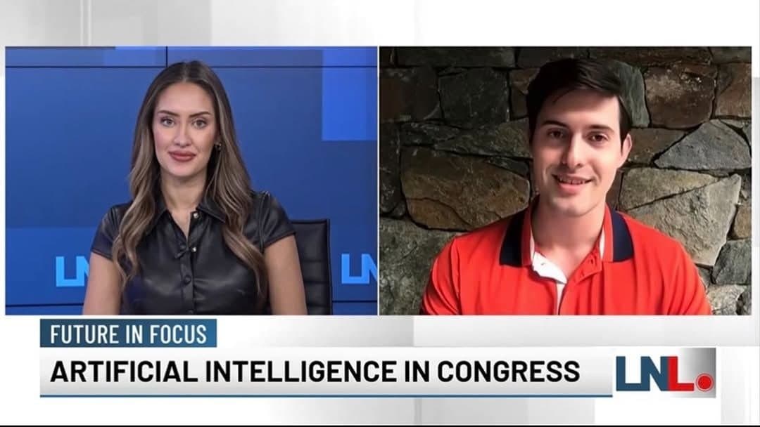 Colin Raby in a split-screen Local News Live interview under the banner “Artificial Intelligence in Congress”