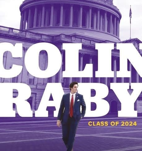 LSU graphic: Colin Raby in a navy suit and red tie walking in front of the U.S. Capitol, under the words “Colin Raby” and “Class of 2024”