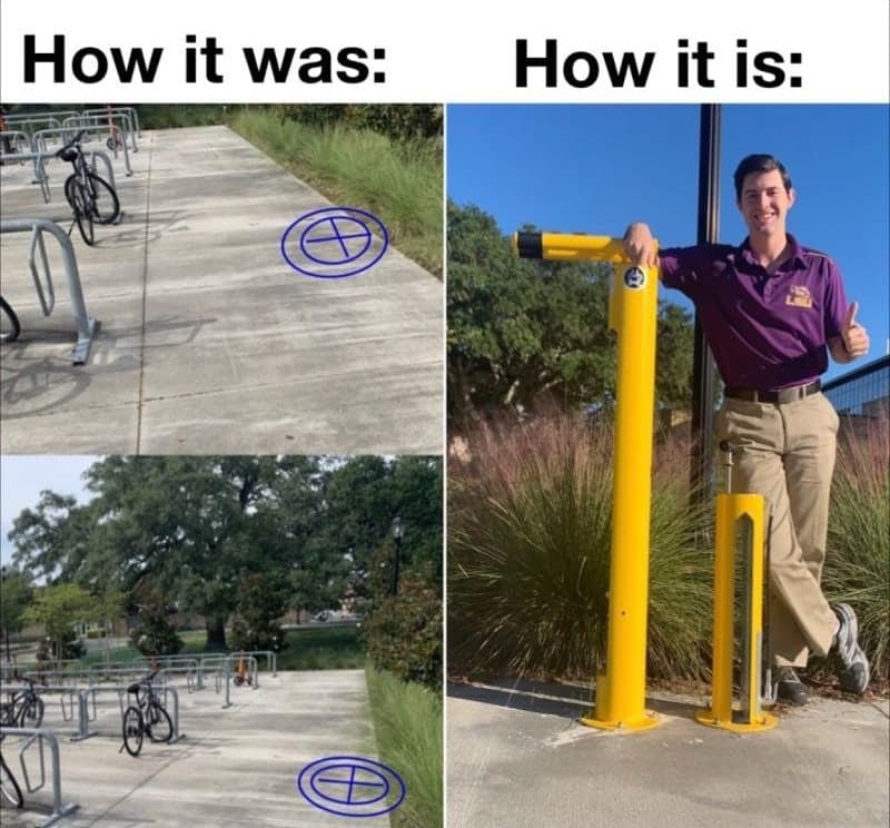 Before and after: empty concrete pads beside bike racks marked for installation, and Colin Raby in an LSU polo giving a thumbs-up beside a new yellow bike repair station and pump