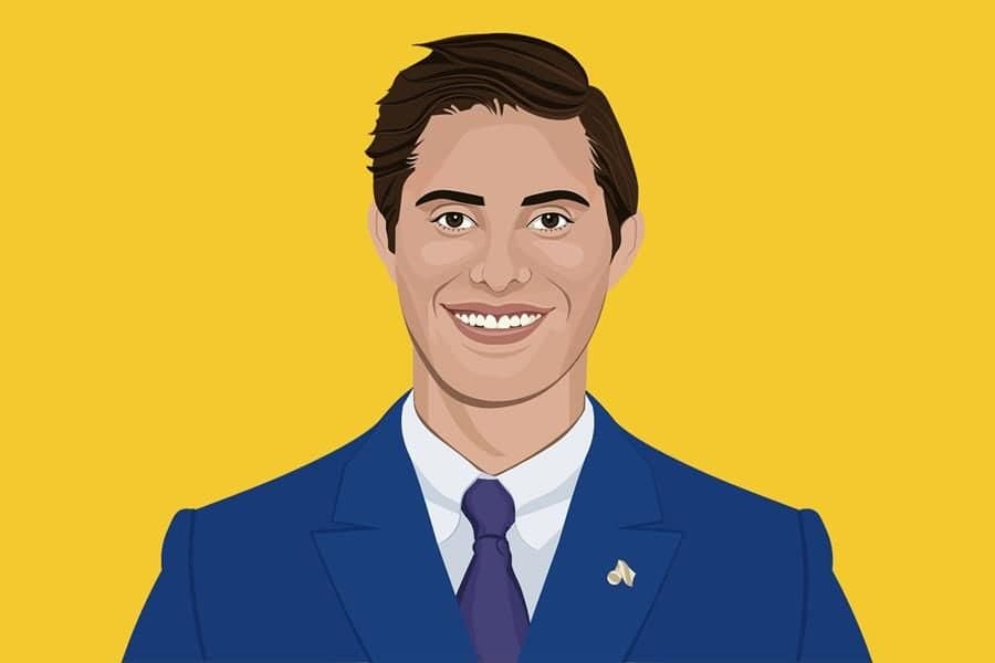 An illustrated portrait of Colin Raby in a blue suit and purple tie against a gold background